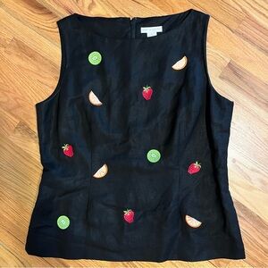 Sz 16 NWOT Lined Fruit Embroidered Black Sleeveless linen-blend Annie Alexander